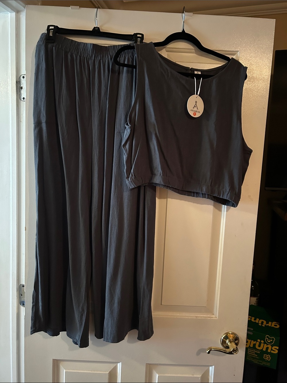 Anrabess XL Chic Charcoal 2-Piece Jumpsuit Wide Leg Lounge Set Crop Tank pockets